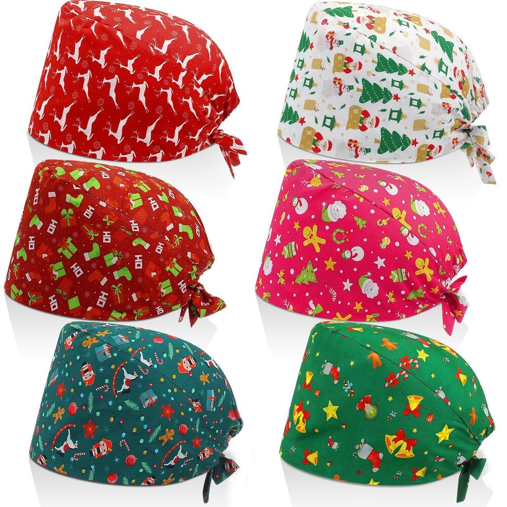 9922 6 Pcs Christmas Bouffant Scrub Cap with Buttons Adjustable Xmas